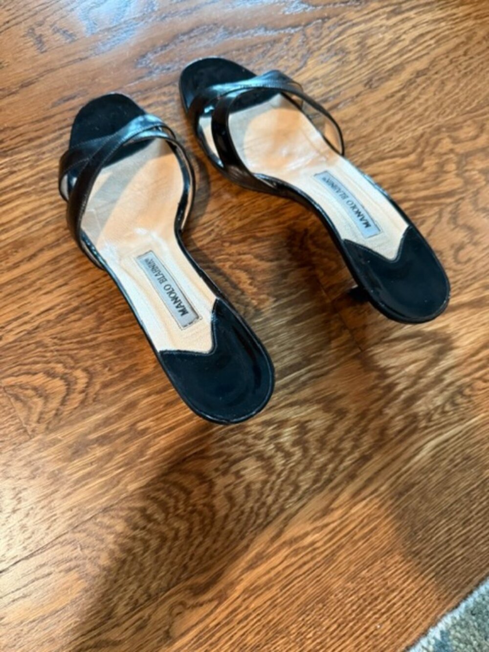 Manolo Blahnik black patent kitten heel slides